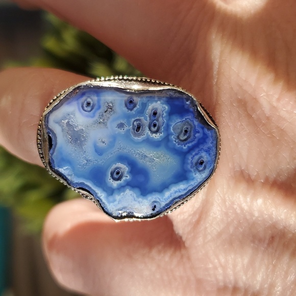 New Blue Solar Quartz Agate Druzy 925 Silver Statement Ring. - Picture 11 of 16